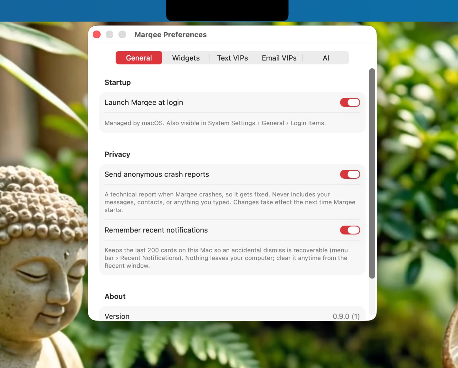 Marqee preferences window for choosing VIP contacts and rules